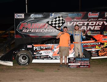 Myles Moos wins the FALS Cup feature win at Fairbury Speedway on June 22