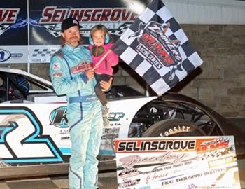 Gregg Satterlee raced to the $5,000 victory on Saturday night in Zimmer’s United Late Model Series (ULMS) action at Selinsgrove (Pa.) Speedway. (Barry Lenhart image)