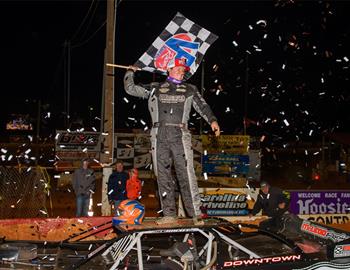 Michael Brown raced to his first-career World of Outlaws CASE Construction Super Late Model win on Friday night at Cherokee Speedway (Gaffney, S.C.) in the opening round of the Rock Gault Memorial. The triumph was worth $10,000. (Jacy Norgaard image)