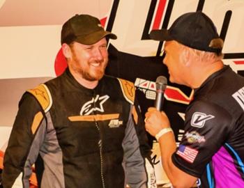 Dylan Yoder celebrates after his first AMS win at Lincoln Speedway on June 15