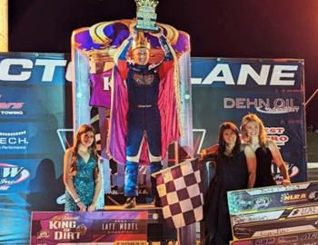 Tyler Peterson celebrates his King of Dirt win atop his car at I-94 EMR Speedway on June 7.