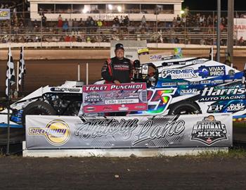 Cody Thompson won a qualifying feature at the 2022 Speedway Motors IMCA Super Nationals on September 7, 2022. *(Byron Fichter image)*