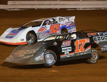 Dale McDowell (17m) and Carson Ferguson battle for the lead at Tri-County Racetrack on October 6, 2022. *(Josh James Artwork image)*