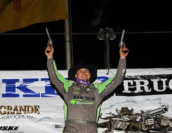 Tyler Erb piloted his Best Performance Motorsports No. 1 XR1 Rocket Chassis Super Late Model to the $5,000 victory on Friday night at FK Rod Ends Vado (N.M.) Speedway Park in Wild West Shootout competition. (Mike Ruefer image)