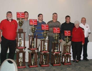 From left to right, Rebel Region series director Larry Sams, series champion T.J. Winegarnder, Tyler Godwin (3rd), Kenny Adams (4th), Bryn Gohn (5th), Shirley Williamson (scorer) and Billy Williamsons (Tech Director)