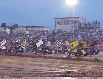 Heat race paces in front of the stands at Ark-La-Tex