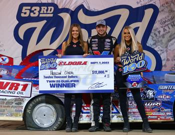 Hudson ONeal streaked to the $12,000 World 100 prelim win at Eldora Speedway (Rossburg, Ohio) on Thursday, Sept. 7. (Josh James Artwork image)