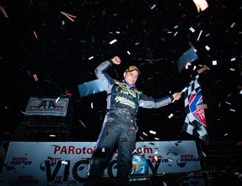 Max Blair pocketed a $10,000 winner’s check on Thursday night for his World of Outlaws Late Model Series win at Bloomsburg (Pa.) Fair Speedwya. (Jacy Norgaard image)