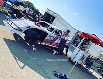 Tom Berry Jr.s IMCA Modified in the pit area at Clay County Fair Speedway (Spencer, Iowa) during the 2023 Hunting with Heroes Salute to Veterans Tour.