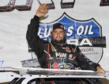 Ryan Gustin wins the K.C. Cup feature during the Lucas Oil Midwest Late Model Racing Association stop at I-70 Speedway on October 10