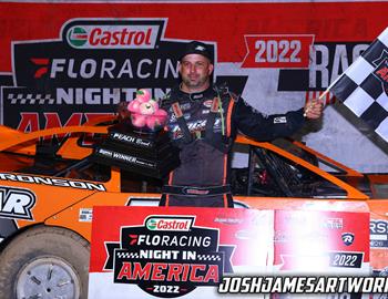 Kyle Bronson bagged the $20,000 Castrol FloRacing Night in America victory on Friday night at Senoia Raceway. (Josh James Artwork image)
