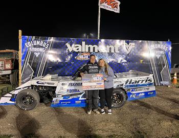 Cody Thompson celebrates in US30 Speedway (Columbus, Nebraska) Victory Lane after winning the IMCA Modified feature on May 18, 2023.
