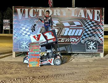 Zander LaRose after winning the race and track championship at Doe Run Raceway (Doe Run, MO) on October 6, 2023.