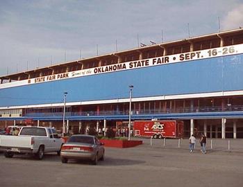 The freshly-painted State Fair Speedway grandstands