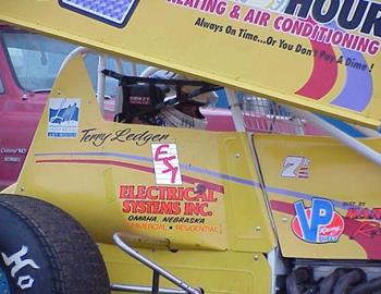 Pictured here before hot laps, Terry Ledger later escaped serious injury in a B Feature melee.