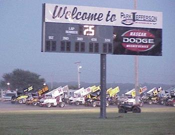 Three-wide down the backstretch at Park Jefferson Speedway