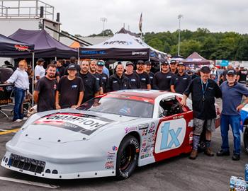 The Bryson Lopez Racing team with their Steve Leavitt tribute car during the Throwback Classic at Hickory Motor Speedway (Newton, NC) on August 2, 2025.
