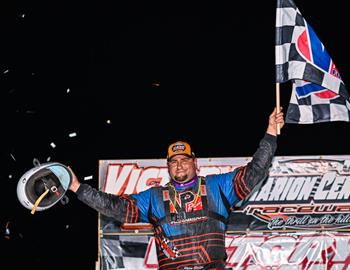 Ryan Gustin registered a $10,000 World of Outlaws (WoO) Case Late Model Series win on Friday, May 19 at Marion Center Raceway (Marion Center, Pa.). (Jacy Norogaard image)