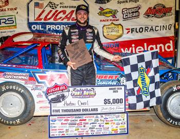 Hudson ONeal claimed a $5,000 preliminary feature win during the opening night of the fourth annual Rumble by the River at Port Royal (Pa.) Speedway on Friday, August 24. (Heath Lawson image)