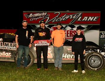 Jesse Sobbing visits Victory Lane after his win at Park Jefferson Speedway on May 16.