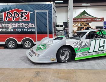 Bryans car in the Pioneer Pole Buildings booth at the Motorsports Racecar & Trade Show in Oaks, PA. 