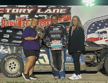 Cody Thompson wins in the IMCA Modified class during Park Jeff Thrills at Park Jefferson Speedway (North Sioux City, SD) on May 9, 2025.