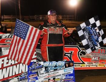 Michael Lake wins on July 4th at Bradford Speedway with the Jays Automotive United Late Model Series during the Jason Dunham Memorial