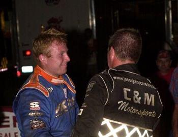 Jesse Hockett congratulates Jason Johnson in victory lane