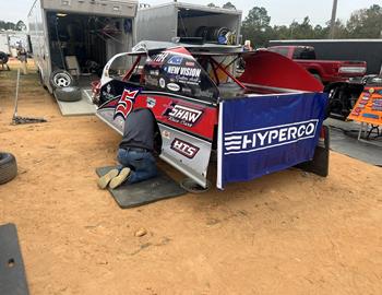 Jeff Taylor in the pit area with his IMCA Modfiied during the 2024 Clash on the Coast.