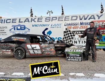 Nick Koehler won his Wissota Midwest Modified feature at Rice Lake Speedway on May 24