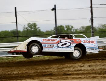 Dillon popping a wheelie at Adams County Speedway (Quincy, Ill.) on May 5. (Mike Ruefer image)