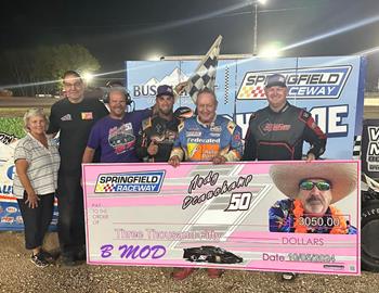 Ken Schrader collected the $3,050 winners check in the Andy Beauchamp 50 at Springfield (Mo.) Raceway on October 4, 2024.