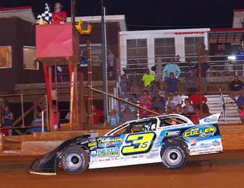 Brian Shirley rallied to the lead late to win the $10,000 top prize in the DIRTcar Summer Nationals event at Clarksville (Tenn.) Speedway. (Josh James Artwork image)