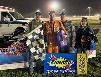 Kale Kosiski earned himself a $250 bonus and a five gallon fuel jug courtesy of divisional title sponsor GoSunoco Race Fuels, by winning the Friday night feature for IMCA Late Models at Crawford County Speedway. (IMCA Photo)