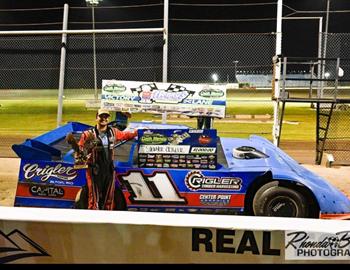 Sawyer Crigler collected $1,000 for his Dirt Track Bank Cash Money Super Dirt Series Late Model win at Salina (Okla.) Highbanks Speedway on August 24.