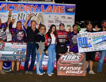 Bobby Pierce wins the finale night of the Nippy 50 at Maquoketa Speedway on March 29. 
