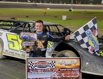 Ashton Winger pocketed a $4,000 victory on Friday night for his win in the 2022 edition of the Cotton Pickin’ 100 at Magnolia Motor Speedway (Columbus, Miss.). *(Scott Oglesby image)*