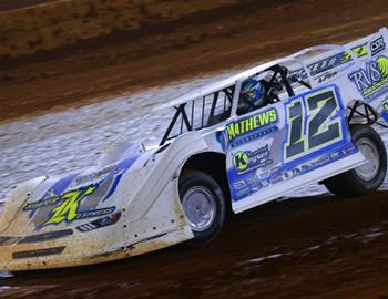 Ashton Winger collected $10,000 for his Friday, March 29 victory in the Tuckasee Toilet Bowl opener at Clarksville (Tenn.) Speedway with his Jeff Mathews Racing No. 12 Super Late Model. (Josh James Artwork image)