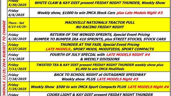 Changes to the 2025 Tentative Outagamie Speedway Schedule