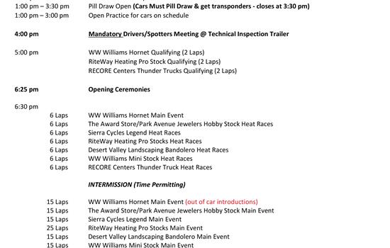 9/27/25 Race Schedule