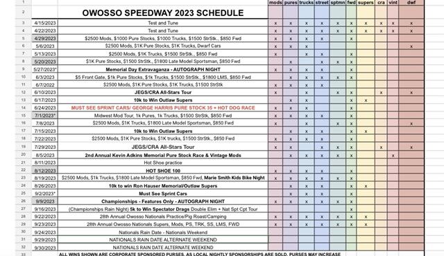 2023 Owosso Speedway Schedule - Includin...
