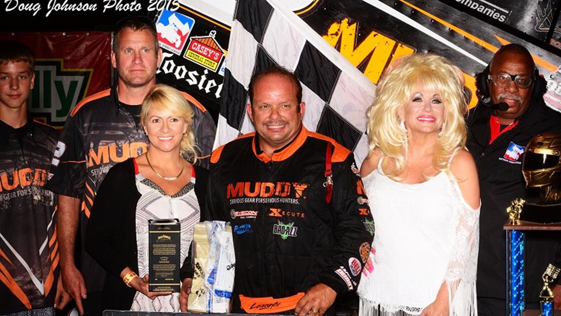 Danny Lasoski in Victory Lane with Dolly at I-80 Speedway (Doug Johnson Photo)