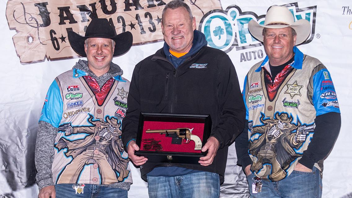 Larry Henk with Rio Grande Waste Services (center) joined by Wild West Shootout Marketing Director, Jason Babyak (left) and event co-promoter, Chris Kearns (right)