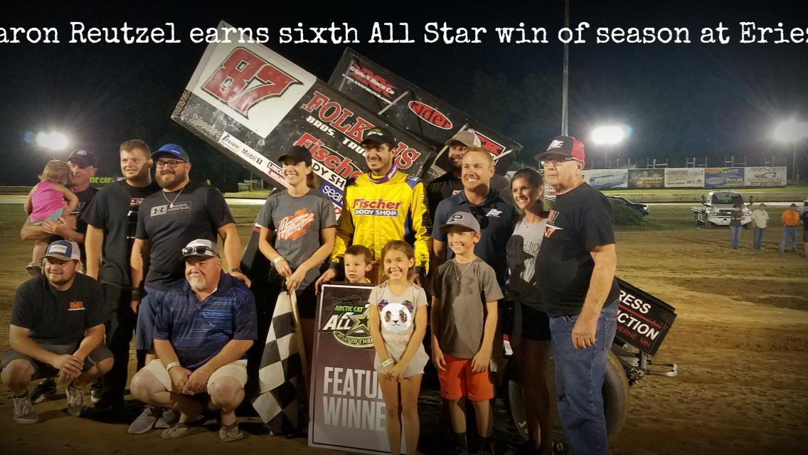 Aaron Reutzel passes Cole Duncan late for All Star victory at Eriez Speedway