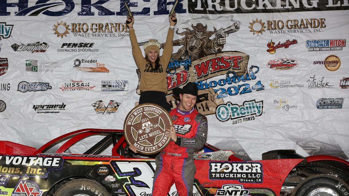 Bobby Pierce raced to back-to-back $11,000 Super Late Model wins with his Vic Hill Race Engines No. 32 Super Late Model on Sunday and Wednesday during the second-and-third rounds of the 18th annual Wild West Shootout at FK Rod Ends Vado (N.M.) Speedway Park. (Terry Page image)