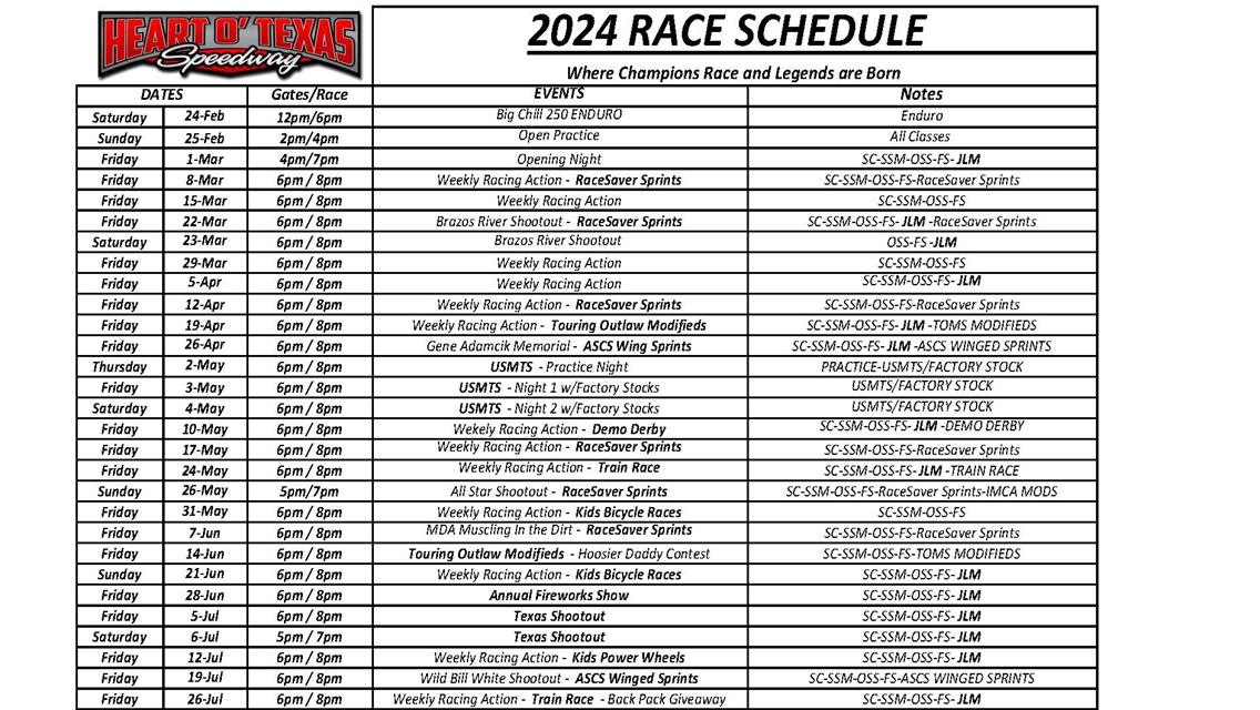 2024 Schedule and Class Rotation Released