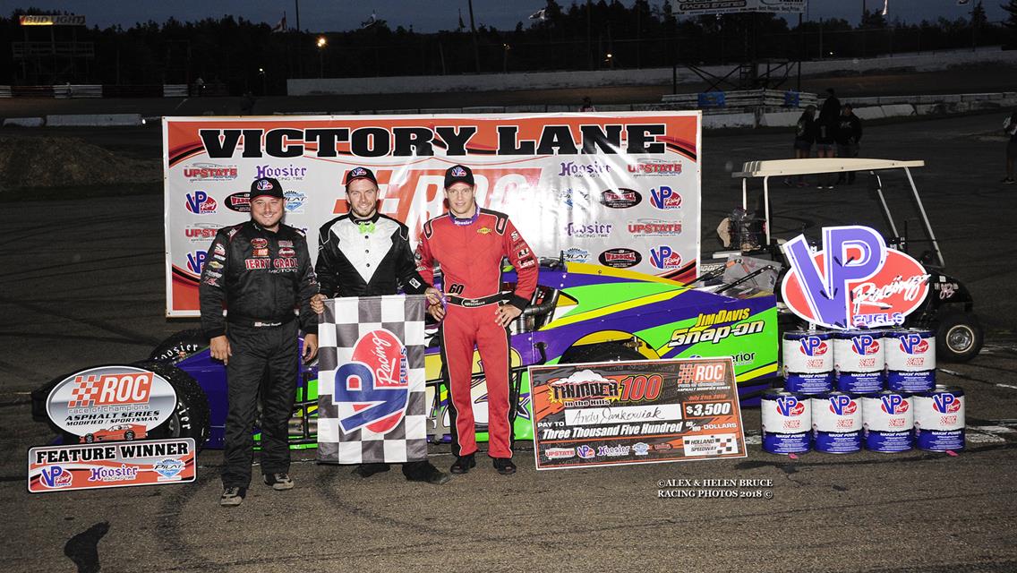 ANDY JANKOWIAK HOLDS OFF MATT HIRSCHMAN TO WIN THUNDER IN THE HILLS 100 RACE OF CHAMPIONS ASPHALT MODIFIED SERIES EVENT AT THE TRACK @ HILLSIDE BUFFAL