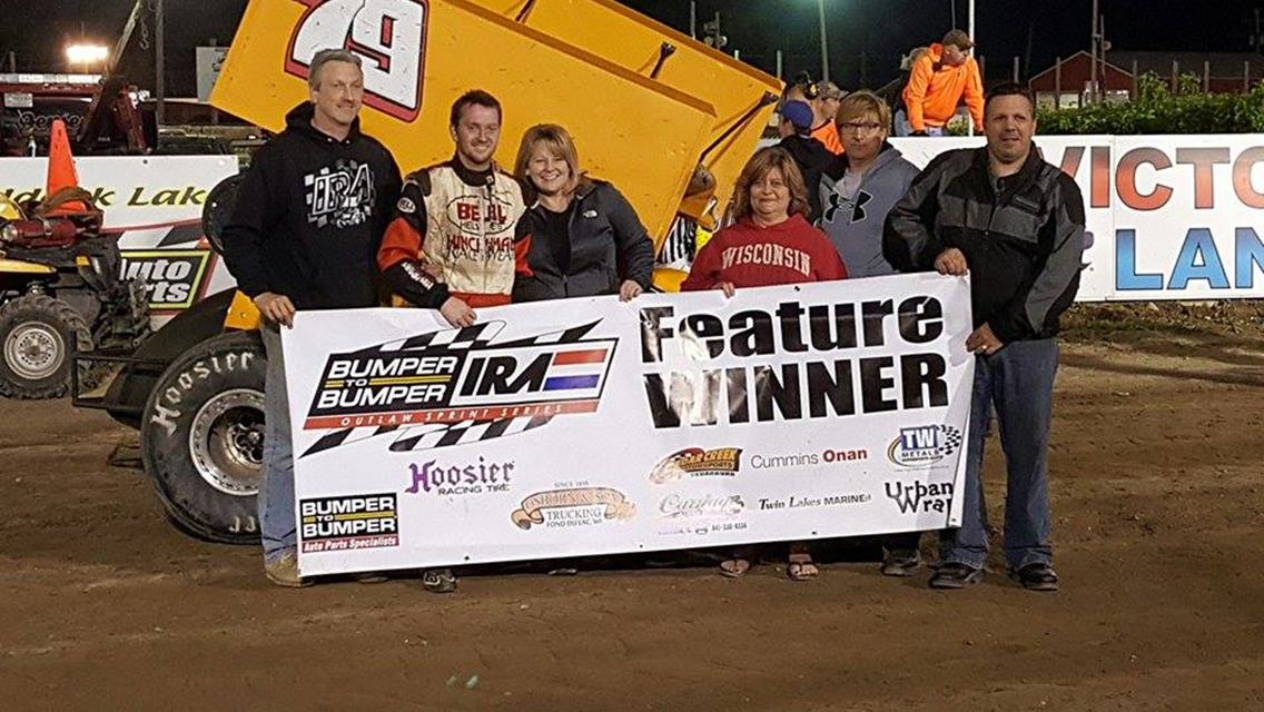 BLAKE NIMEE EXECUTES FINAL TURN PASS FOR FIRST CAREER BUMPER TO BUMPER IRA OUTLAW SPRINT VICTORY TOPPING THE RAYMOND NEEVE MEMORIAL RACE AT WILMOT RAC