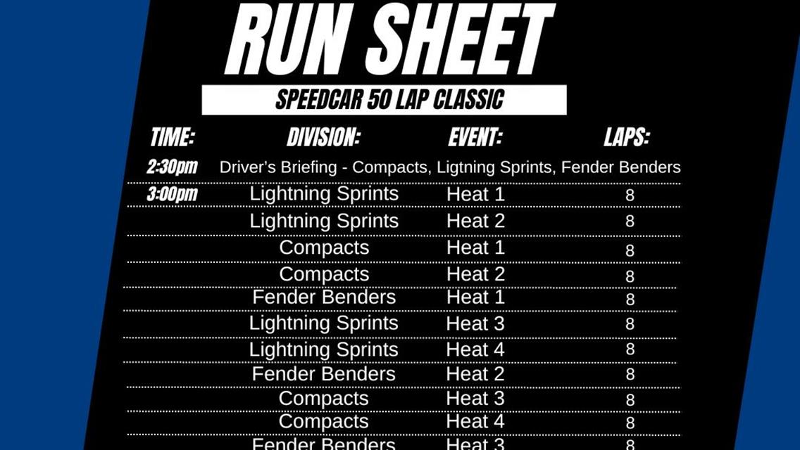 Official Run Sheet - Speedcar 50 Lap Classic
