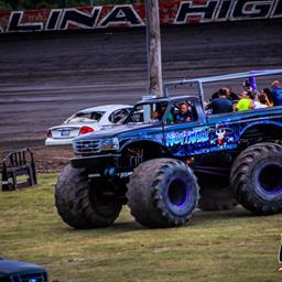 Monster Trucks ready for 3:00 showtime in tomorrow&#39;s Inaugural &quot;Monsters On The Highbanks&quot;
